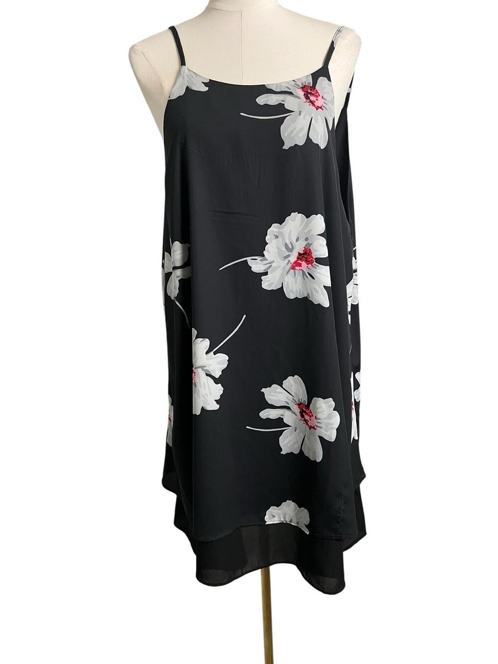 StyleDome Floral Slip Dress Womens XXL Black Chiffon Swing Trapeze Sundress